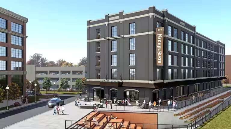 An image rendering of the Fishers luxury hotel the Hotel Nickel Plate