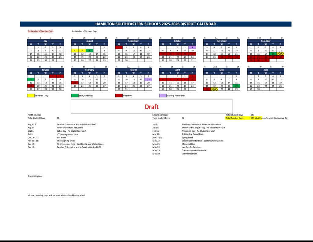 An image of the draft HSE School calendar for the 2025 to 2026 year